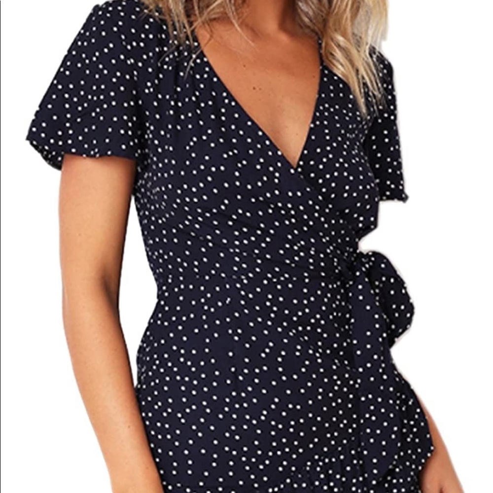 Blue and white polka dot wrap dress